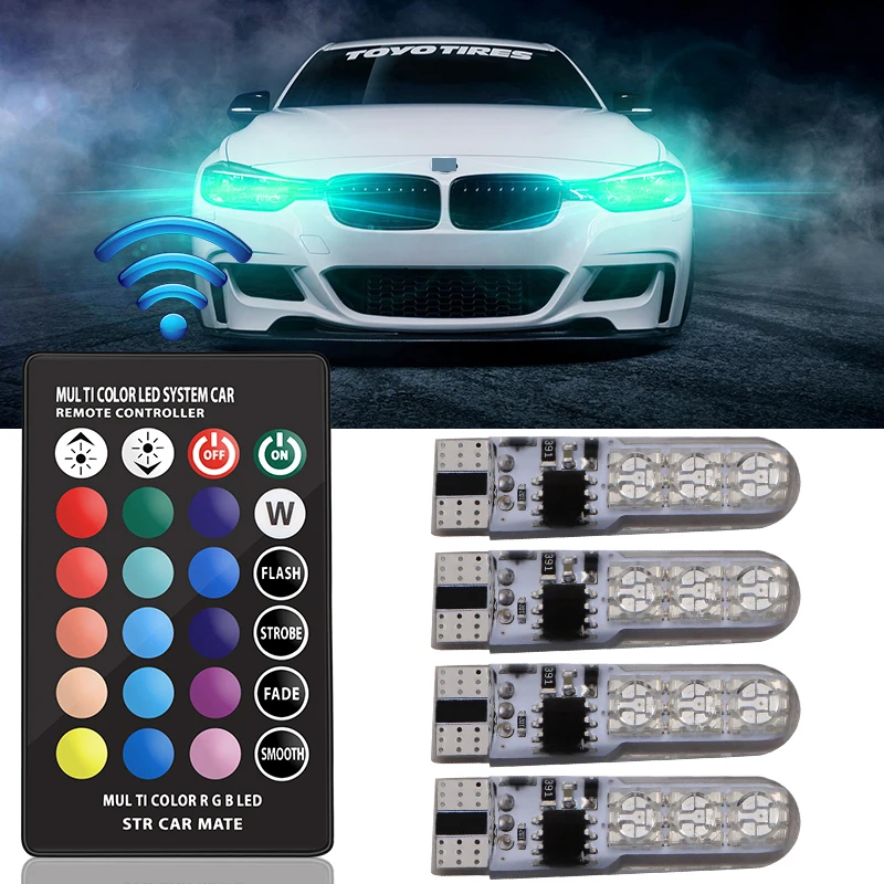 

2 PCS*4 PCS Car RGB LED 12V T10 W5W LED RGB 5050 SMD Signal Light Wedge Car Interior Decoration Light Remote Control Car Model