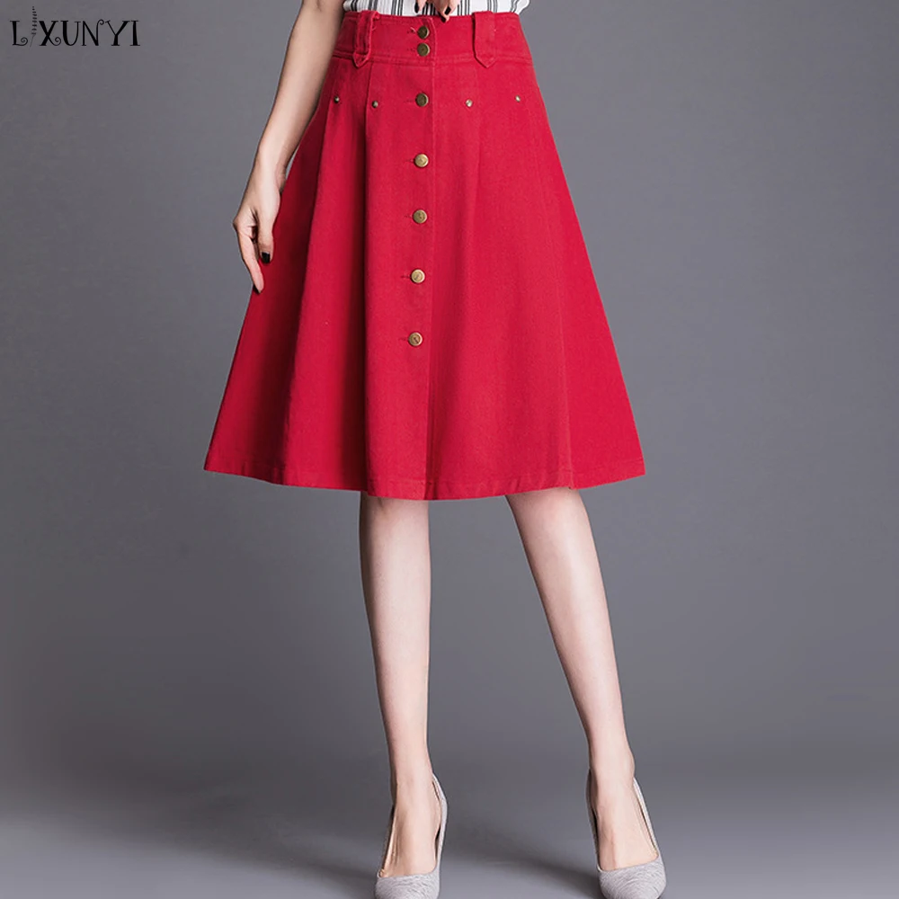 

Lxunyi Spring Summer Women A Line Skirt Plus Size Solid Casual Loose Button Fit Flare Skirts Knee Length Ladies Elegant Skirt