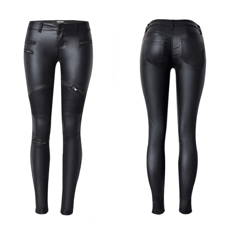 ZNU Women Leather Motorcycle Pants High Waist Slim Fit Zipper Pockets Trousers  Ladies Punk Buckle Sexy Casual Set 