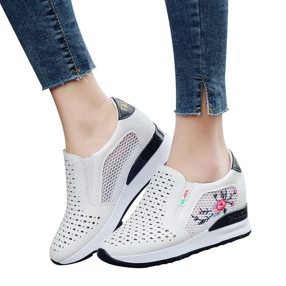 

plataform shoes women white Mesh Breathable Inner Increase Casual Student Sports Shoes Embroidered Shoes #TX4