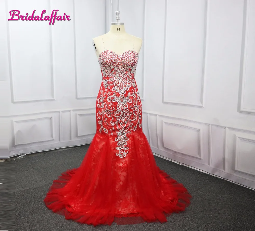

BridalaffairReal Photo Reb Mermaid Prom Dress 2017 Vestido de festa Short Sleeve Appliques Scoop Lace Party Dress Robe de soiree
