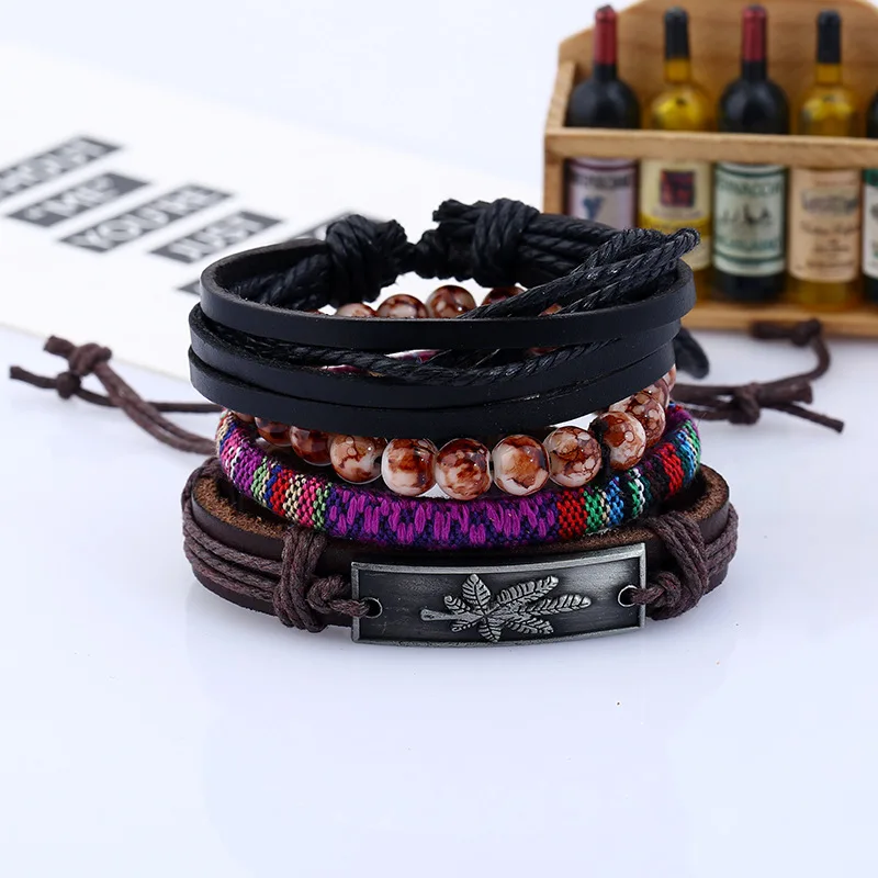 

4PCS/Set Boho Punk Hippie Black Wrap Leather Purple Violet Silk Knot Maple Leaf Tag Charm Bead Layers Bracelet Bangles Unisex