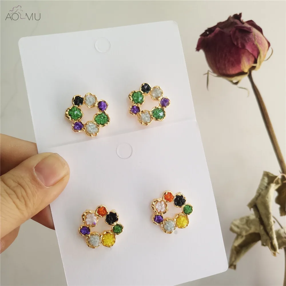 

AOMU Simple Colorful Flowers Hollow Irregular Geometric Polygon Matte Metal Gold Stud Earrings for Women Gifts Party Wedding