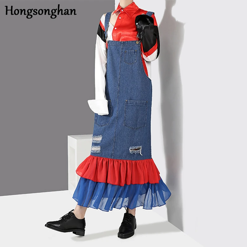Hongsonghan 2018 women's tops autumn winter high street style broken hole Light distressed denim halter spaghetti strap desses | Женская