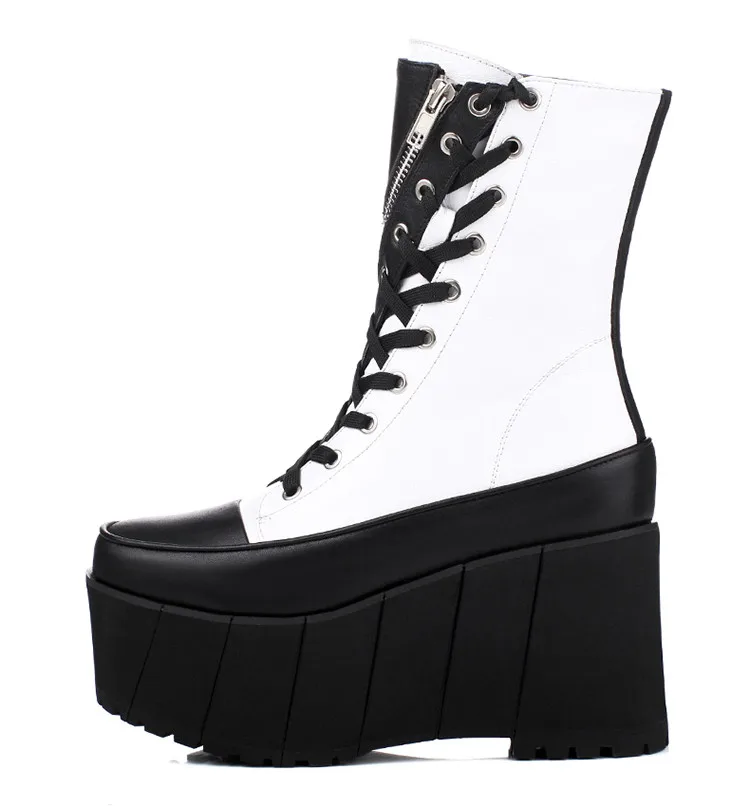 Оригинальное предназначение; высококачественные женские ботинки до середины икры; ботинки на танкетке из коровьей кожи с круглым носком; Цвет черный, белый; женская обувь; американские размеры 3-9,5 - Цвет: EF1056 Black-white