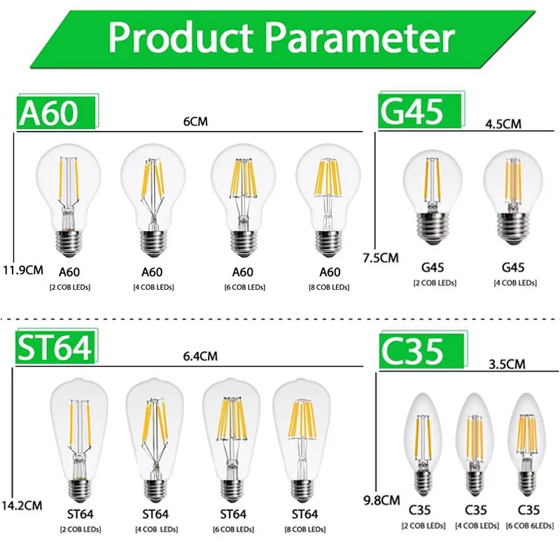 LED Bombilla de Edison E27 lámpara LED E14 220 V Retro Vintage antiguo de luz de filamento de bombilla 4 W 6 W 8 W 12 W vela lámparas Bombillas