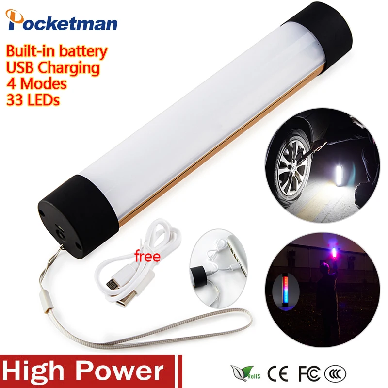 

USB Rechargeable Emergency discolored led Tube, Built-in battery 4 Modes 2000LM light Outdoor Portable LED Camping Lamp Torches