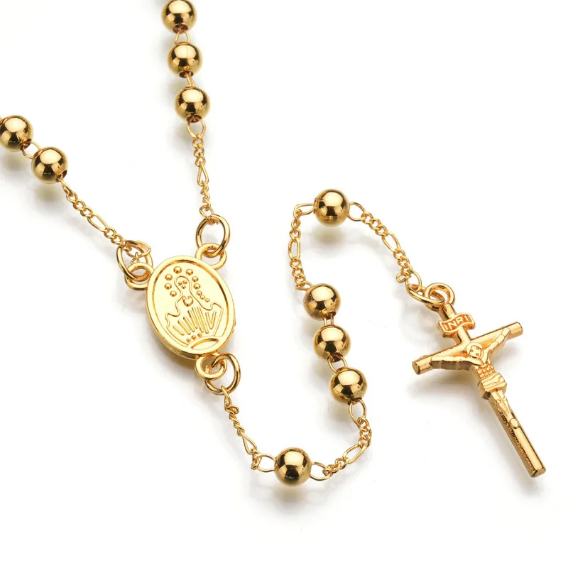 Unisex Rosary Necklace Strand Fake Mary Cross Pendant Women and Men