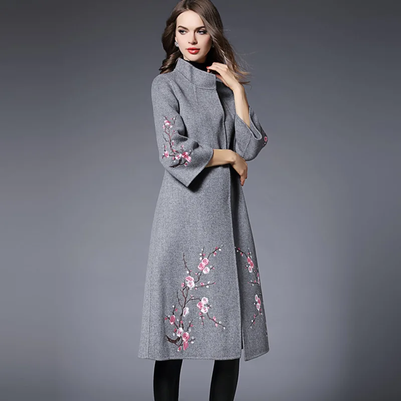 2017 Women Coat Fashion Elegant Embroidered Vintage Clothing Runway Womens Maxi Casual Spring