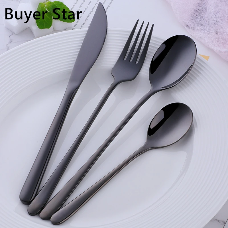 

Hot Sale 4 Pcs/Set Tableware Set Stainless Steel Cutlery Long Handle Knife Spoon Fork Sald Spoon Korean Style 8 Colors Flareware