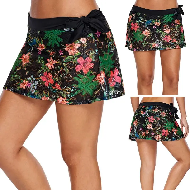 

Women Summer Plus Size Swim Skirt Hollow Out Lace Bikini Bottoms Floral Print Lace Up Bowknot Waistband Swimsuit With Briefs New
