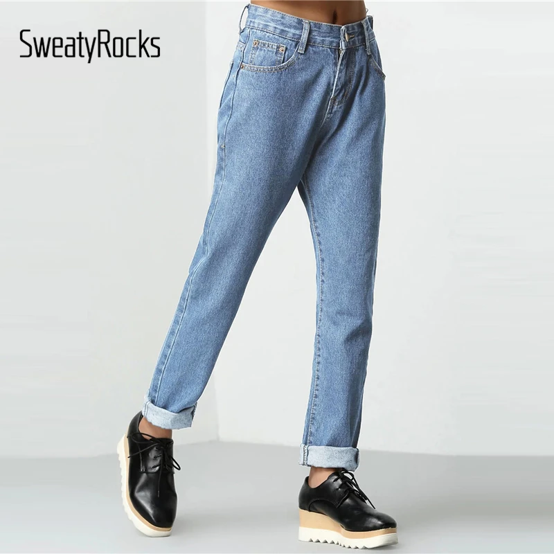 SweatyRocks Rolled Up Mom Jeans Streetwear Women Casual Loose Solid Pants And Trousers 2019 Spring Zipper Fly Basics Jeans SweatyRocks Rolled Up Mom Jeans Streetwear Women Casual Loose Solid Pants And Trousers 2019 Spring Zipper Fly Basics Jeans