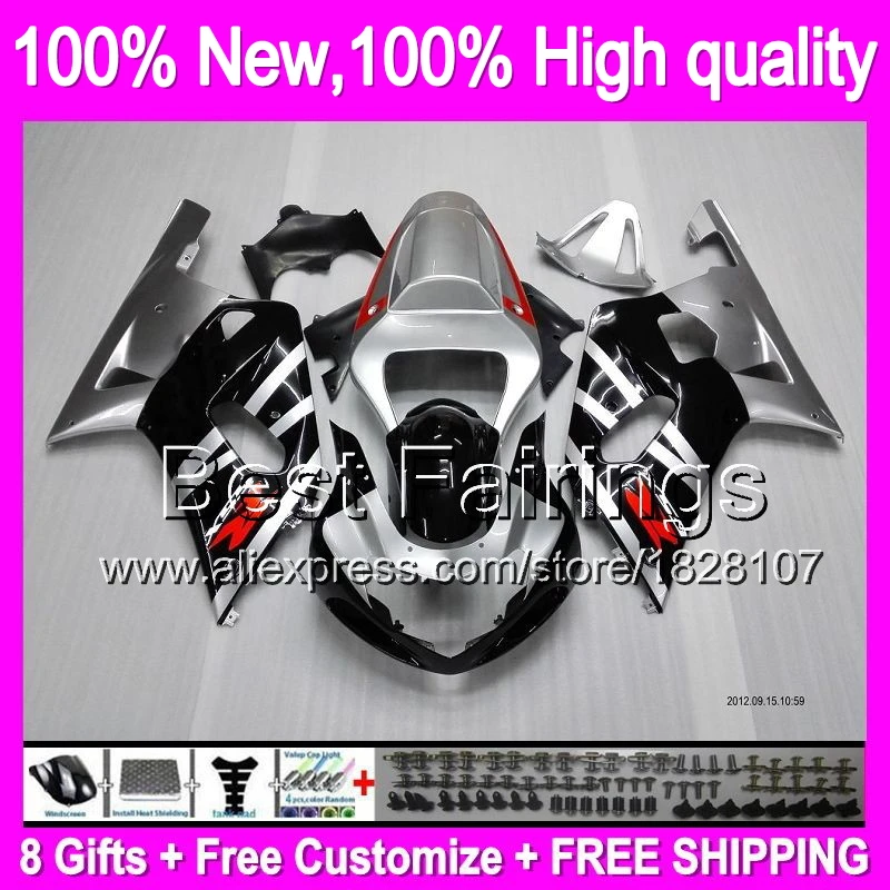 Обтекатель для SUZUKI GSXR750 01 02 03 серебро черный GSXR 600 750 K1 1B86 GSXR600 R600 GSX R750 2001 2002 2003 серебристый черный + наклейка
