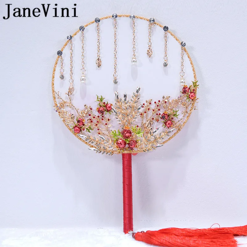 

JaneVini Luxurious Chinese Style Wedding Bridal Handle Crystal Gold Red Bride Hand Fan Cover Face Tassel Flower Bouquet Brooches