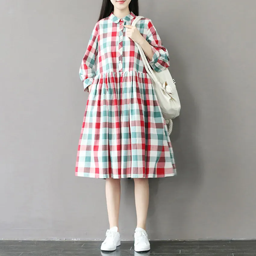 Summer-Dress-Short-Sleeve-Turn-Down-Collar-Cotton-Linen-Dress-Plaid-Print-High-Waist-Casual-Women