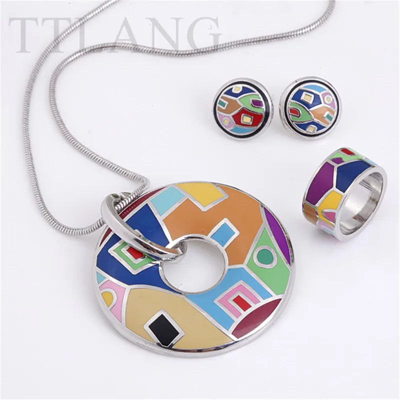 

Silver Plated Irregular House Pattern Enamel Jewelry Set (Necklace, Earring, Ring), 1set/pack