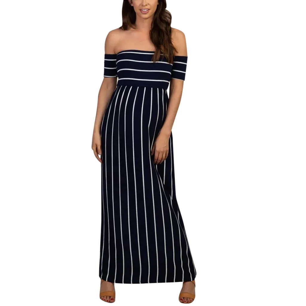 

Women Maternity Dresses for Baby Showers Striped Shoulderless Elegant Summer Nursing Dress Pregnancy Clothes Vetement Femme 19Je
