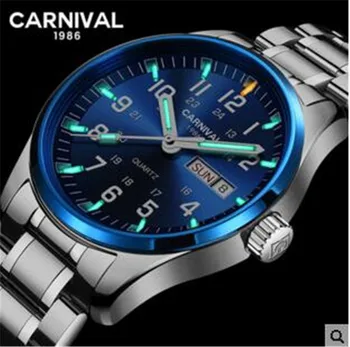 

Carnival Men Tritium Light Watch T25 Date Day Quartz Japan Movement Blue Dial Tritium Gas Luminous Military Watch Luxury Gift