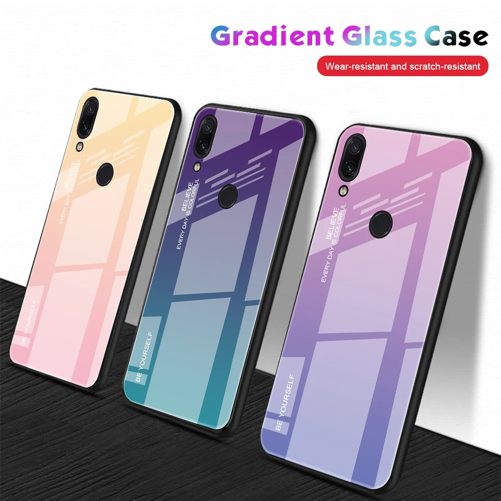 Красочные градиент Стекло чехол для Xiaomi Redmi 7 ТПУ бампер Глянцевая закаленное