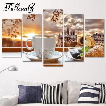 

FULLCANG 5 panel diy diamond painting breakfast coffee bread full square/round drill 5d mosaic embroidery diamond mazayka FC913