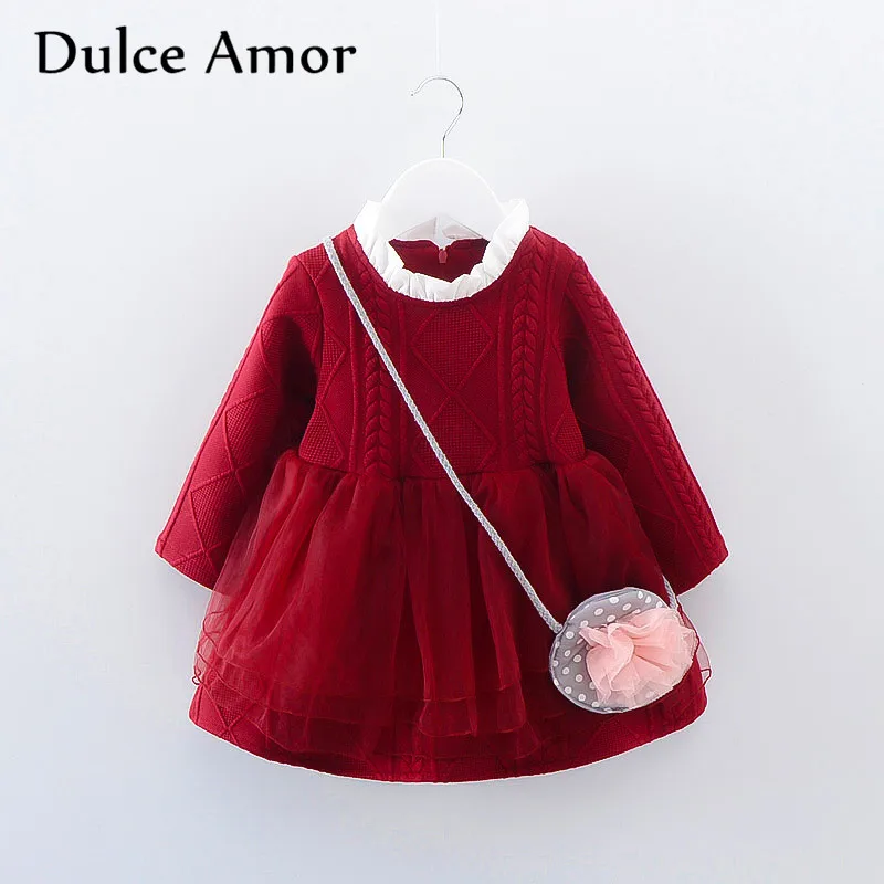 Dulce Amor/платье для девочек Одежда для маленьких девочек платье принцессы с сумочкой, высокое качество, коллекция года, весеннее кружевное платье с длинными рукавами+ сумка с аппликацией - Цвет: Красный