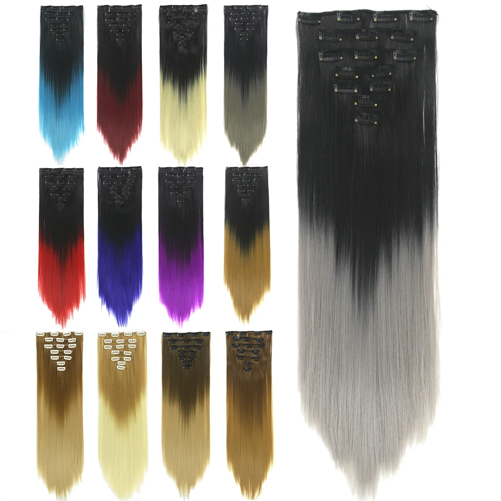 Soowee 7pcs/set Straight Black To Green Ombre Hair Pieces Synthetic Hair Pad Clip In Hair Extension Cheveux