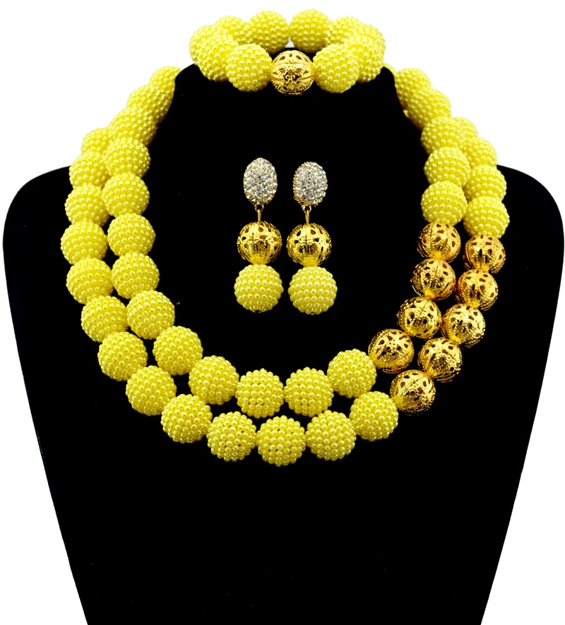 

Beautiful Women Wedding African Beads Statement Necklace Set Yellow Crystal Beads Bridal Jewelry Sets Gold-color Set 10075