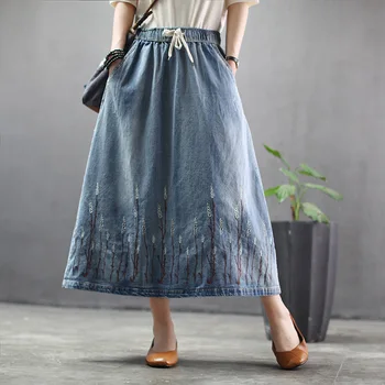 

Nation Style Woman Vintage Denim Skirt New Spring Summer Tree Embroidered Loose Casual Jeans Skirt Plus Size Mid-calf Maxi Skirt