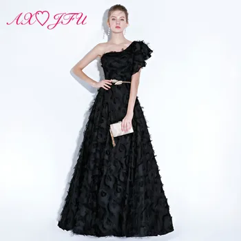 

AXJFU princess black feather lace evening dress luxury leaf sashes one shoulder red feather beach illusion evening dress