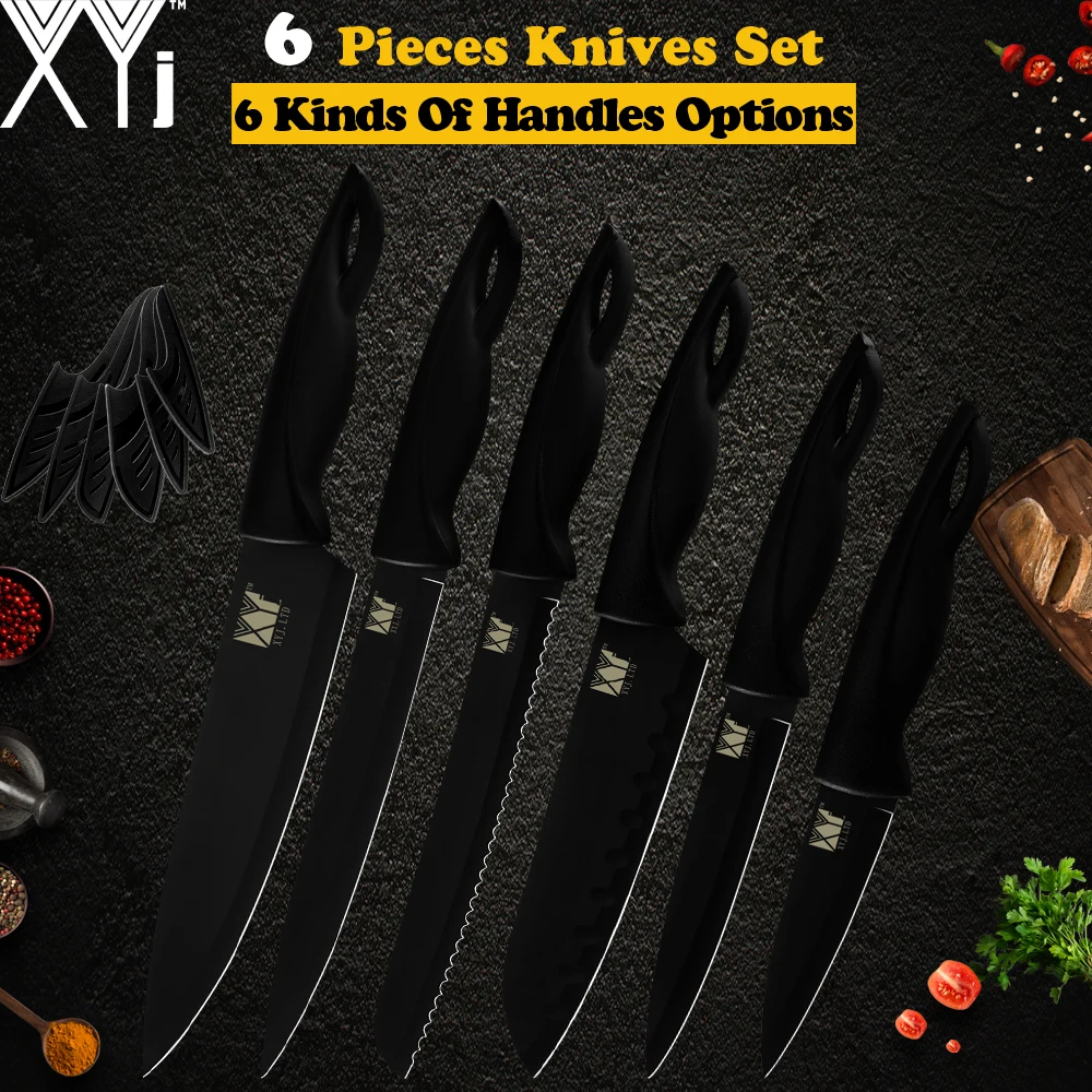 

XYj 6pcs Stainless Steel Knives Set Free Cover Black Plastic Handle Chef Slicing Bread Santoku Utility Paring Knife Cooking Tool