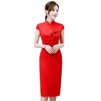 

Shanghai Story 2019 Short Sleeve Knee Length Chinese Dress Flower Embroidery Cheongsam Top Quality Faux Silk Qipao Dress