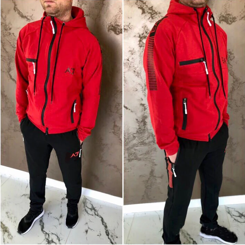 Men Track Suit Hooded Jacket Sweatsuit Mens Sports Suits brand 2 pieces set Men Jogger Set Printed Tracksuit Men Clothes 2019