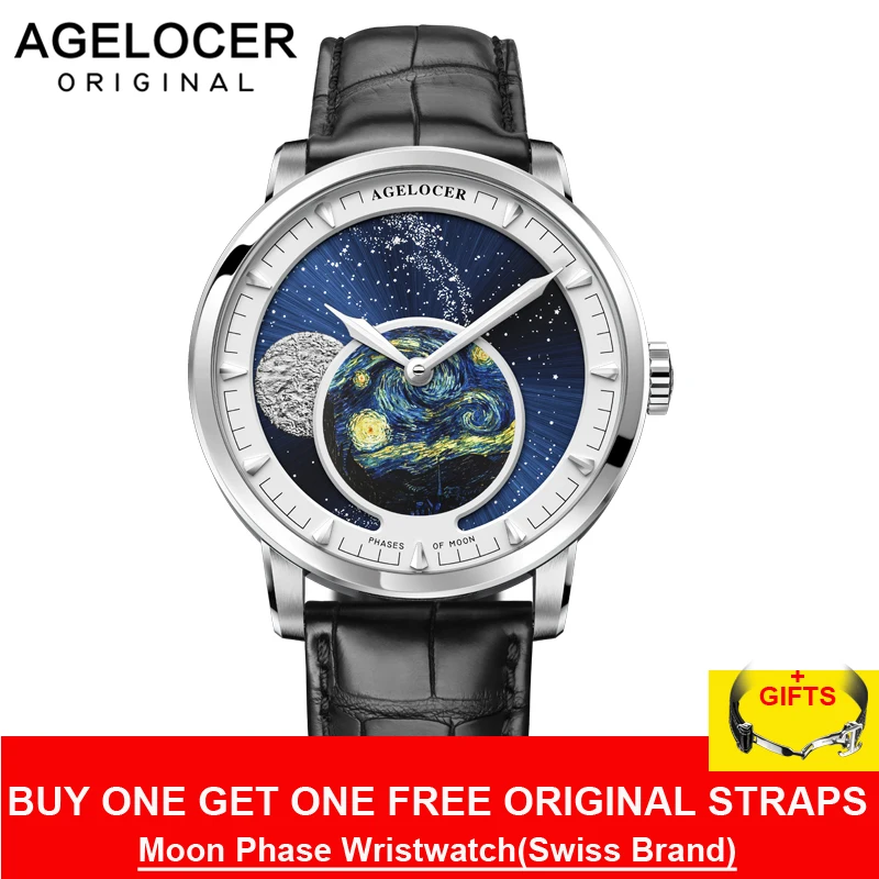 

Agelocer Luxury Brand Designer Men Watch Moop Phase Sapphire Crystal Automatic Watches Genuine Leather Strap 6401A1