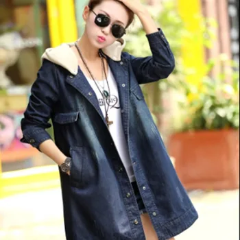 

2020 New Female Cowboy Coat Dark Blue Loose Hooded Long Sleeve Cotton Coat Plus Velvet Thick Denim Jacket Winterjas Mujer