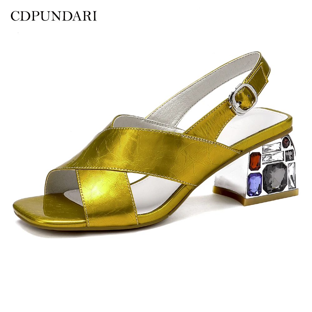 

CDPUNDARI Ladies Genuine Leather High heel sandals women Rhinestone Sandals summer shoes sandalias mujer 2019