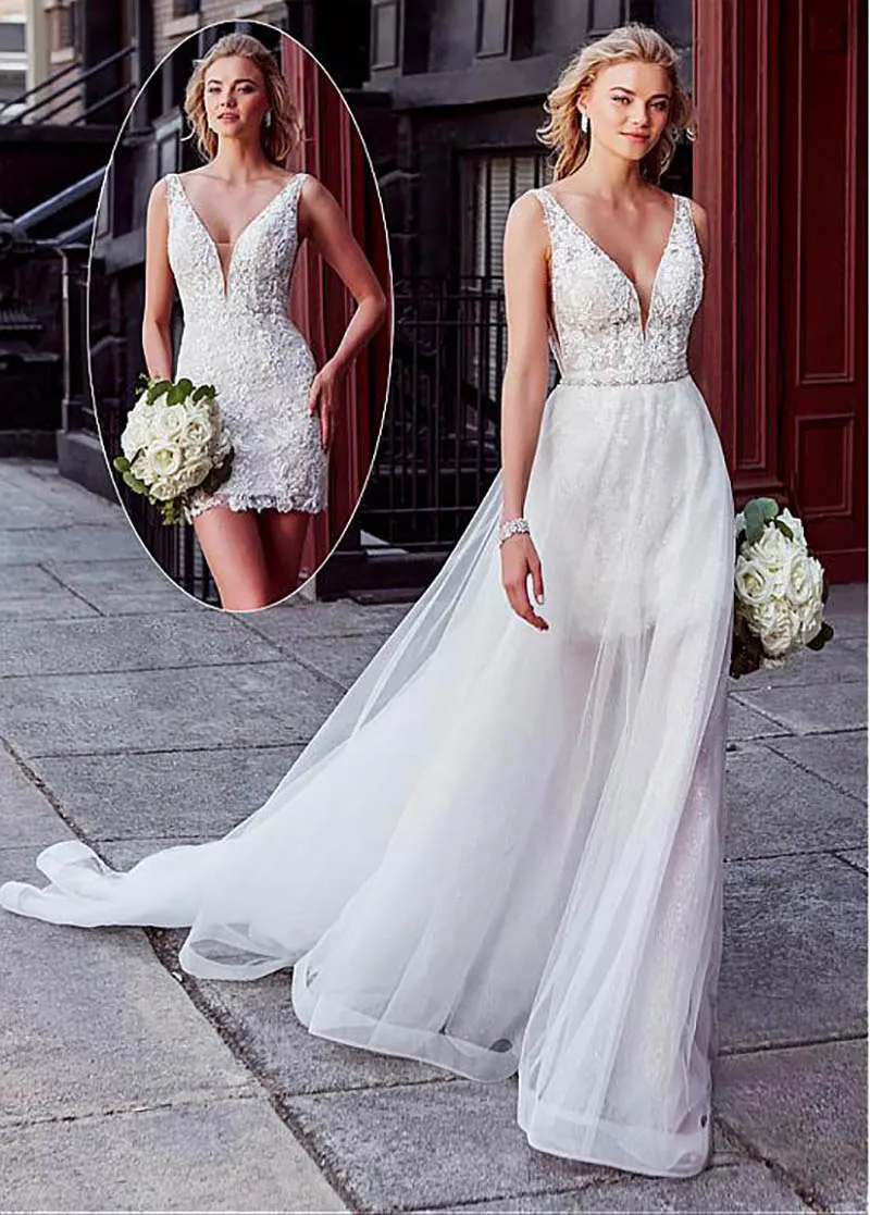 

New Custom Made 2019 Wedding Dress With Detachable Skirt Two in one Lace Tulle Wedding Dresses Bridal Gown