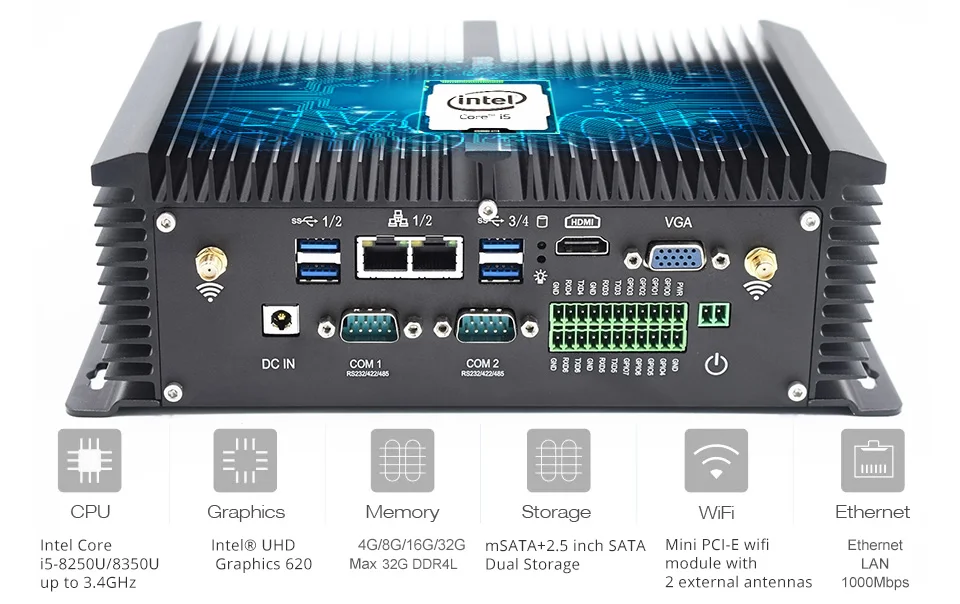 Промышленный мини-ПК без вентилятора Core i7 7500U RS422/485 COM GPIO Intel core i5 8250U 8350U DDR4 ram 2 intel lan компьютер i5 7200U