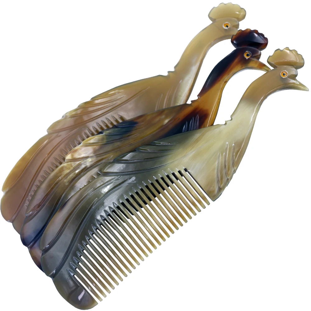 7.87 Inch Natural Ox Horn Comb Peacock Engraved Buffalo Horn Comb Hair