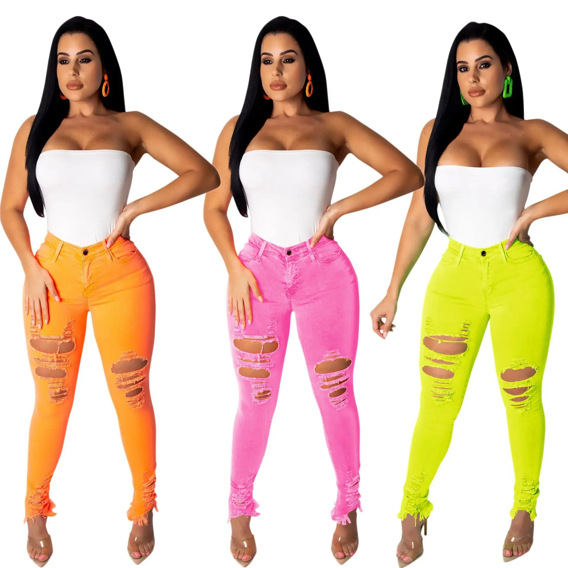 

Cross-Border Specialized Supply Source 2019 European and American Fashion Pure Burned Flower Holes Hand-worn Slim Jeans