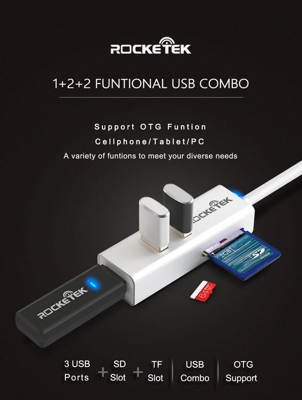 Игровая мышь Rocketek Мульти usb 3,0 концентратор 3 порта адаптер-разветвитель Алюминий SD/TF кард-ридер для MacBook Air ноутбук аксессуары