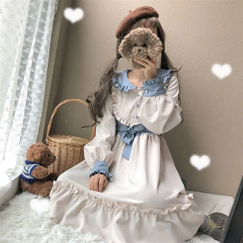 

Kawii Lolita dress spring women Japanese soft sister cute contrast color mosaic doll collar loose long sleeve princess dress