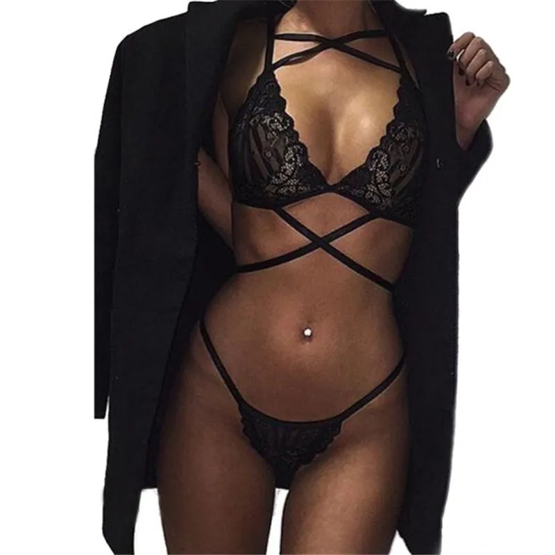 

2pc Women Hot Sexy Lingerie Erotic Deep V Neck Top Wirefree Lace Cross Belt Hollow Female Fashion Underwear Bra Thong