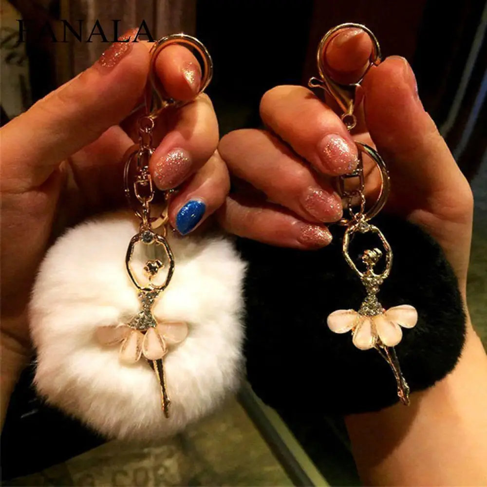 

Pompom Ring Jewelry Charm Key For Bag Ball Rhinestone Holder Fur ballet Keychain dancer Trinket Key Women Fur Chain