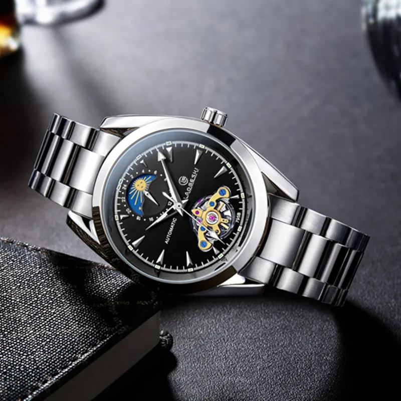 Laogeshi الفاخرة ماركة الساعات الرجال للماء التلقائية الميكانيكية ساعة صغيرة 24 ساعة عرض moonphase relojes