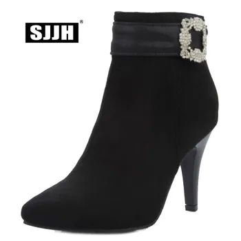 

SJJH Women Flock Stiletto Ankle Boots with Point Toe Zip Crystals Short Plush Martin Boots Fashion Formal Shoes Large Size Q565