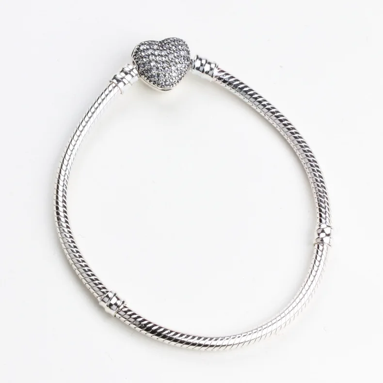 

Silver Charms Basic Bracelets For Women Love Heart Shape Clasp Clip with Full Crystal Snake Chain for Diy Bead Charm DPB082