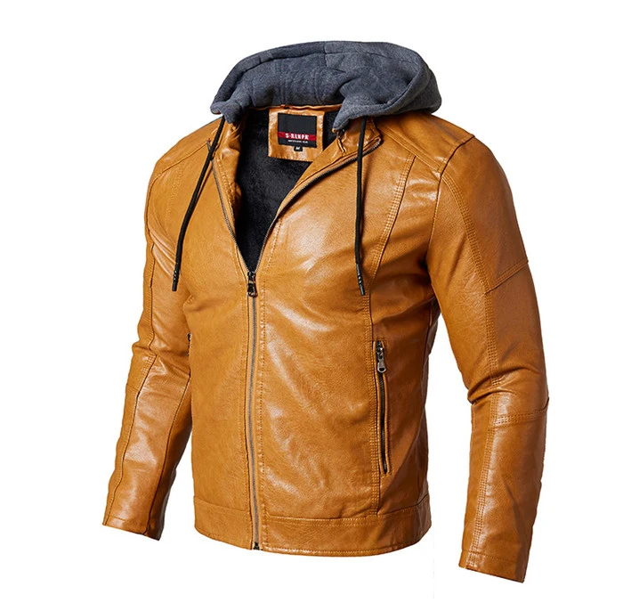Новая брендовая зимняя кожаная куртка Мужская модная Флисовая теплая ветровка с капюшоном и воротником мужская кожаная куртка Motorcycle