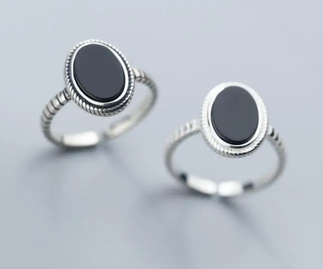 

1pc 100% Authentic REAL.925 Sterling Silver Twisted roped & Natural Black Agate Stone Oval geometric Rings adjust GTLJ1637