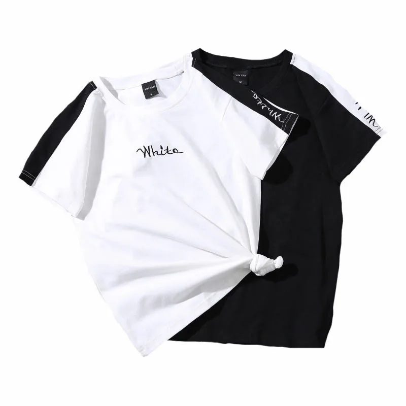 

Women Short Sleeve Letter Embroidery T Shirt Print Couple Tees Harajuku Students Plus Size White Female Graphic Striped T-shirt