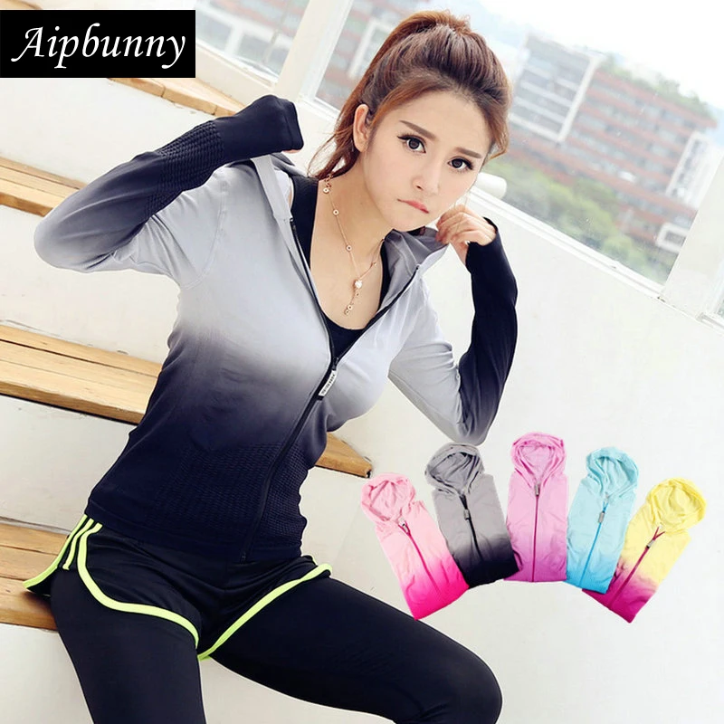 Aipbunny 2017 Women's Gradient Color Sports Jersey Shirt Outdoor Workout T-shirts Gym Yoga Top Fitness Running Shirts Sport Tees